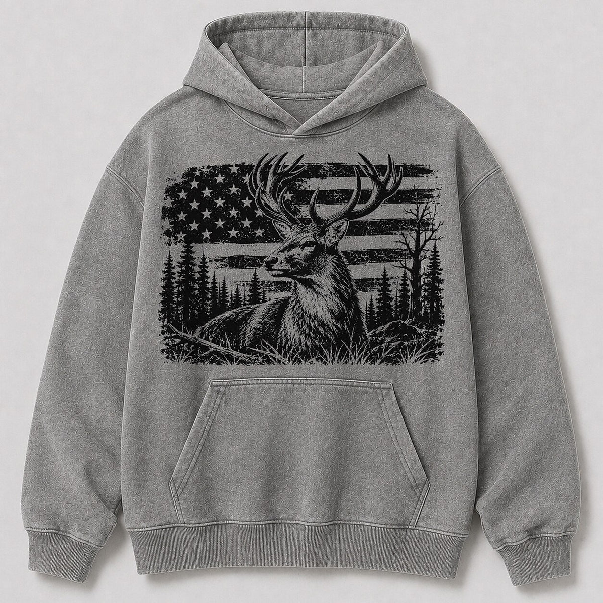 Washed Elk American Flag Wildlife Hunting Hoodie