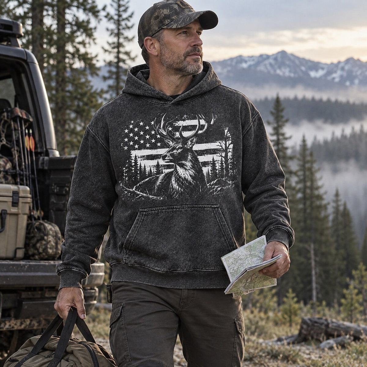 Washed Elk American Flag Wildlife Hunting Hoodie