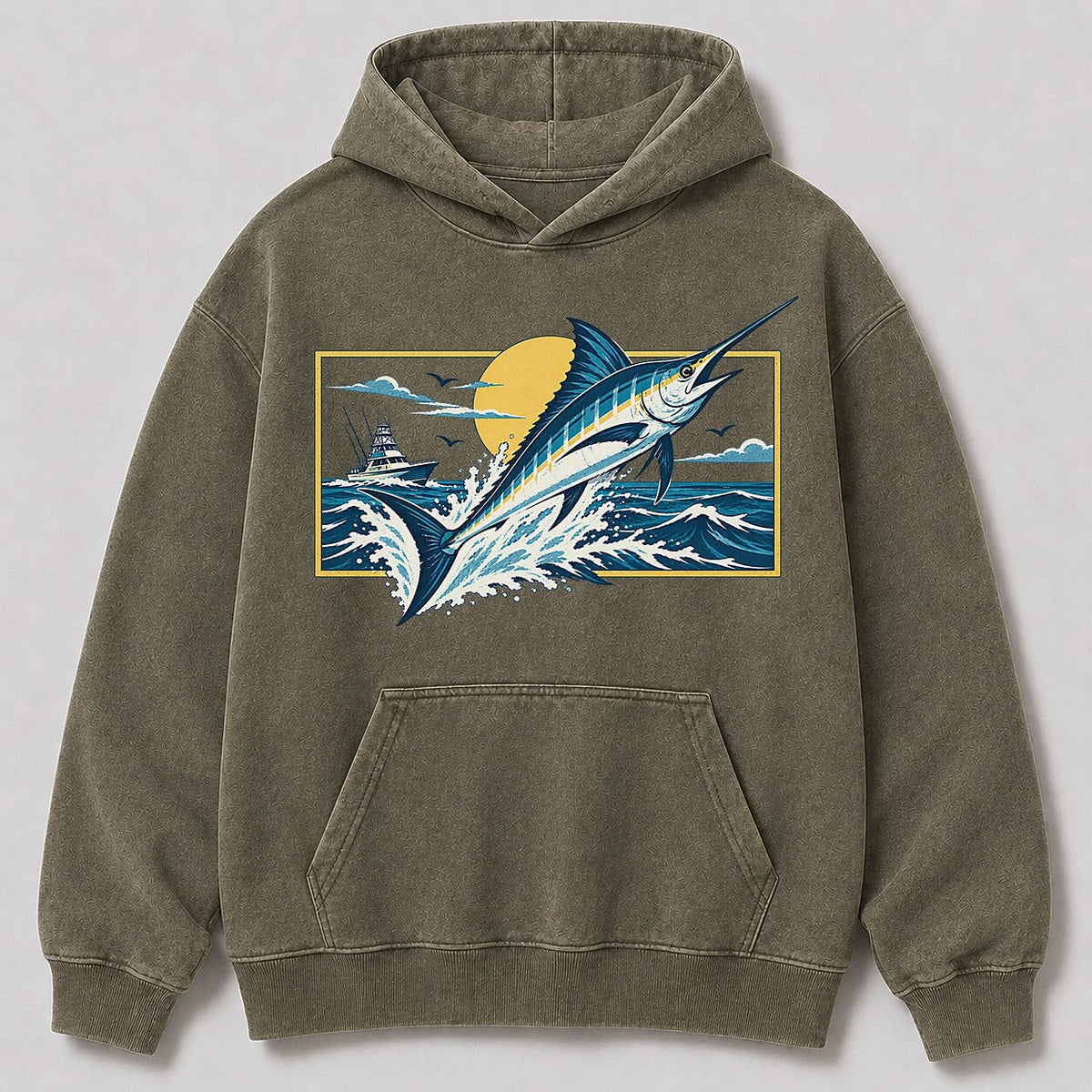 Washed Marlin Offshore Fishing Boat Graphic Hoodie