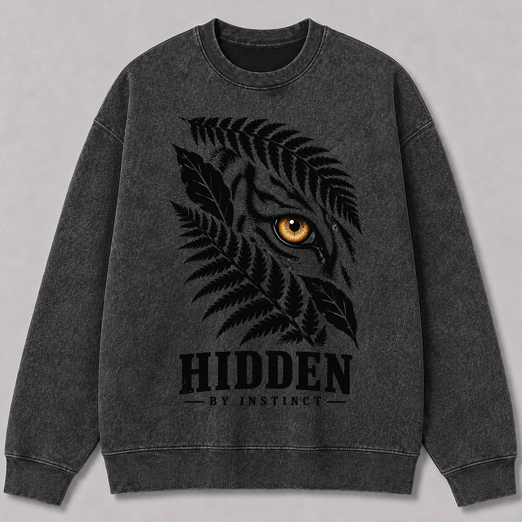 Washed Hidden Tiger Fern Jungle Wildlife Graphic Sweatshirt