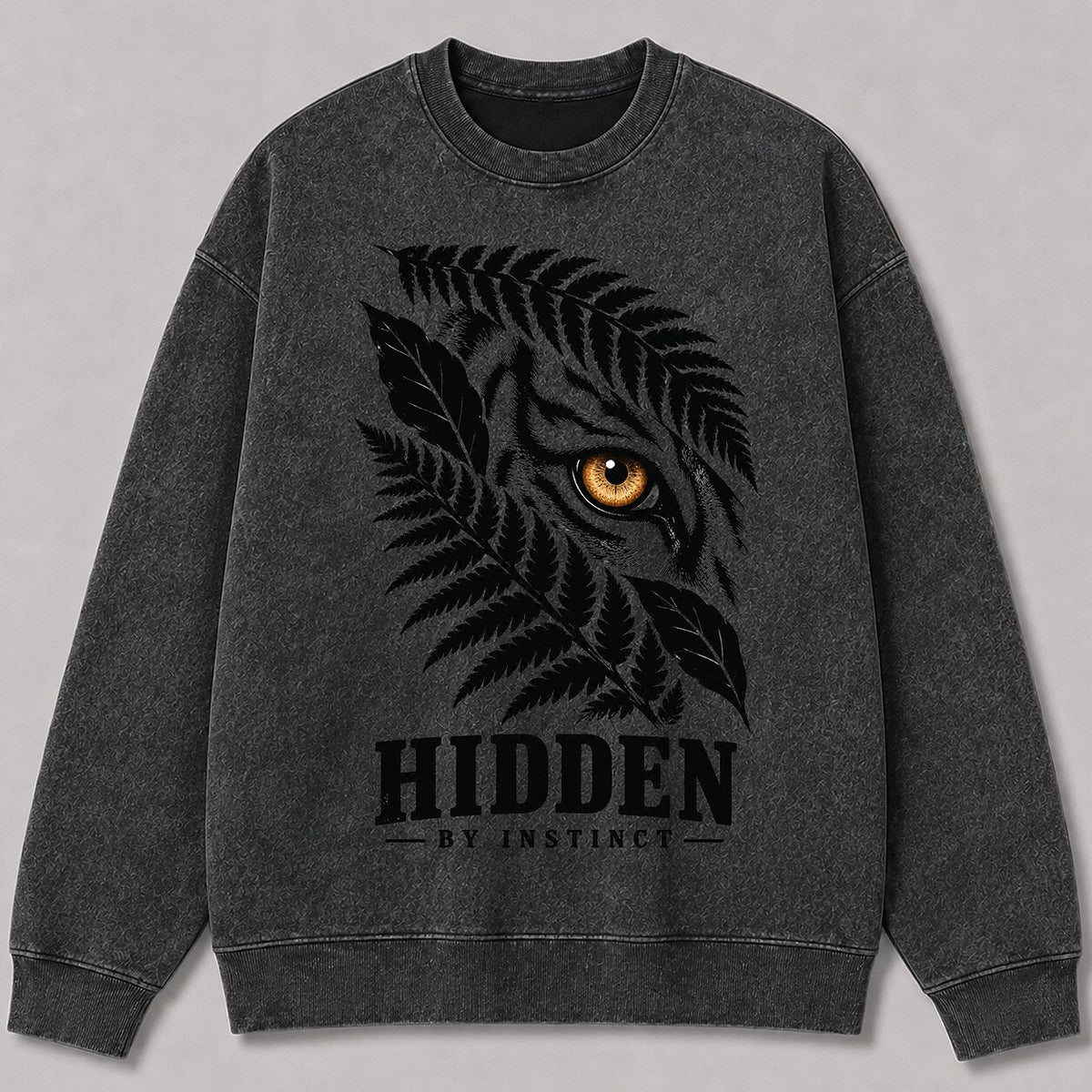 Washed Hidden Tiger Fern Jungle Wildlife Graphic Sweatshirt