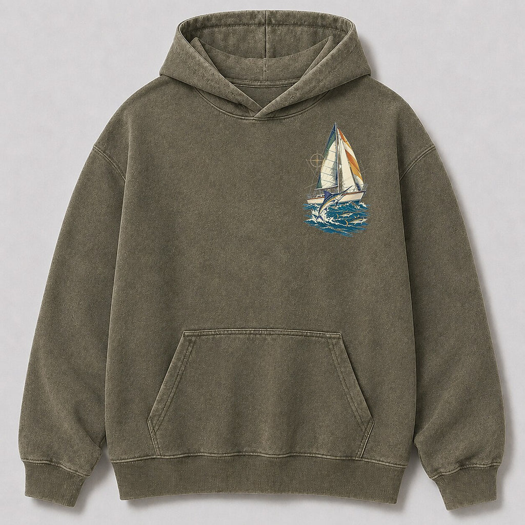 Washed Sailboat Marlin Coastal Fishing Hoodie Graphic