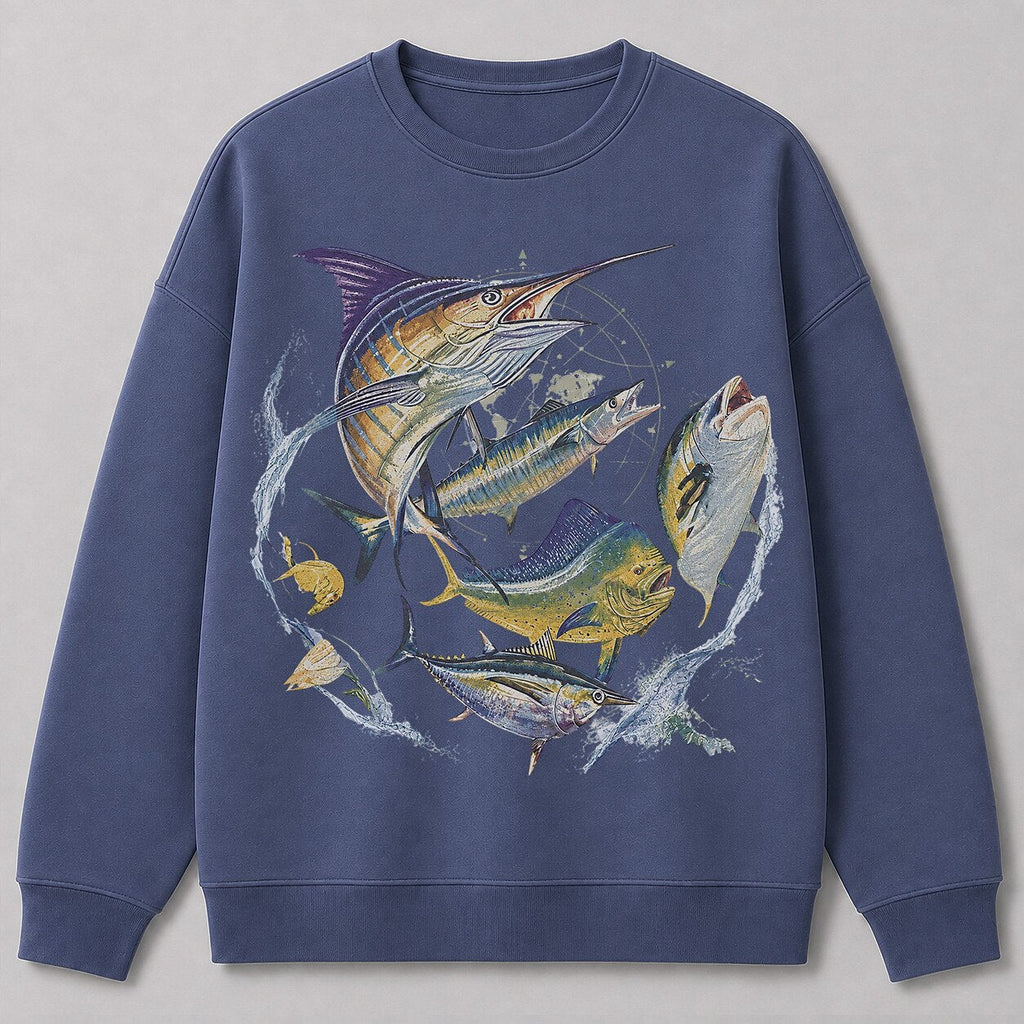 Offshore Game Fish Saltwater Fishing Crewneck Sweatshirt for Men — black front view with printed graphic