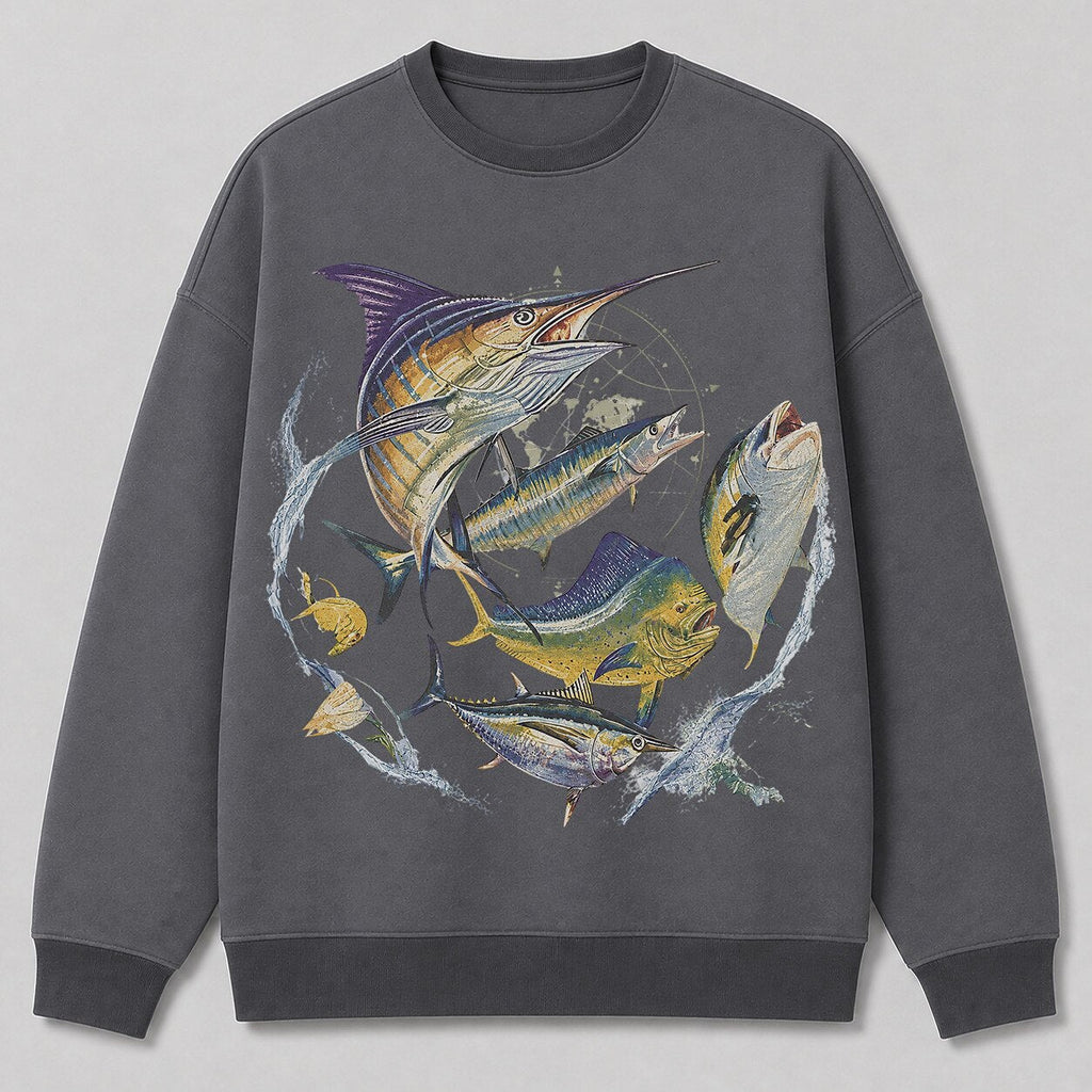 Offshore Game Fish Saltwater Fishing Crewneck Sweatshirt for Men — charcoal front view with printed graphic