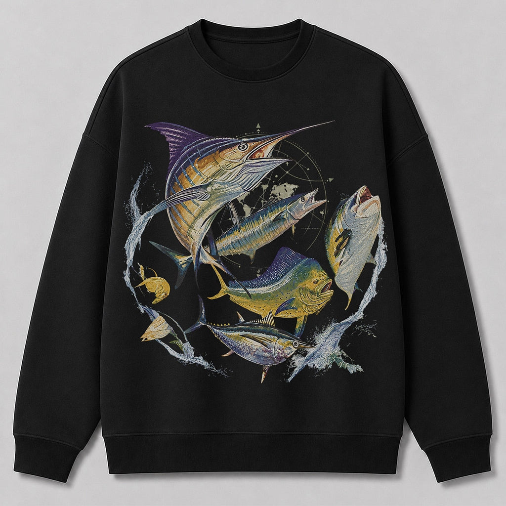 Offshore Game Fish Saltwater Fishing Crewneck Sweatshirt for Men — navy front view with printed graphic
