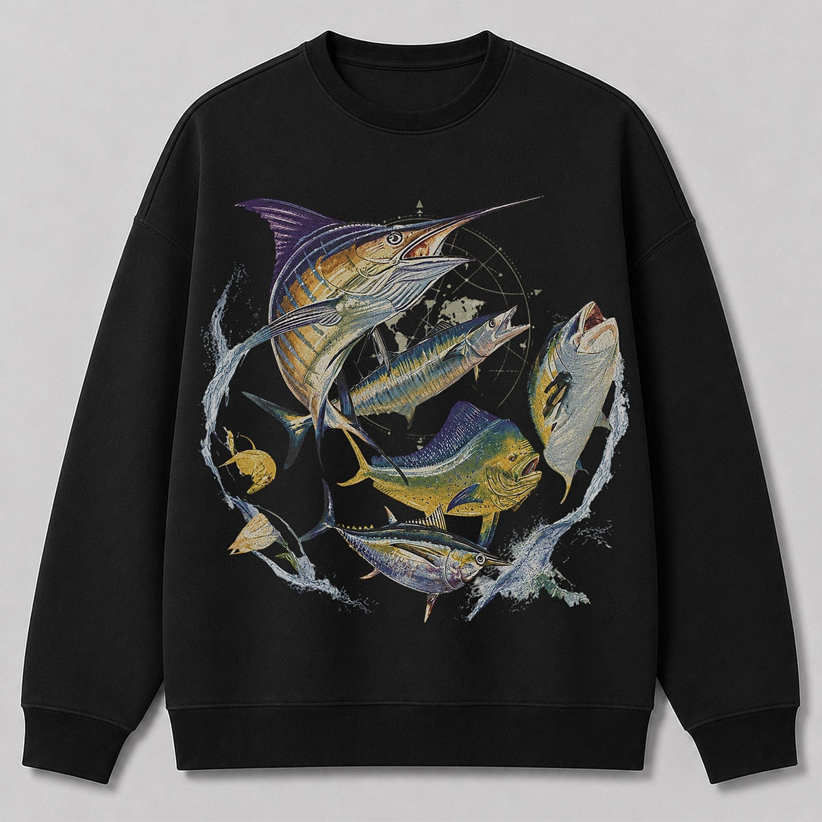 Offshore Game Fish Saltwater Fishing Crewneck Sweatshirt for Men — navy front view with printed graphic