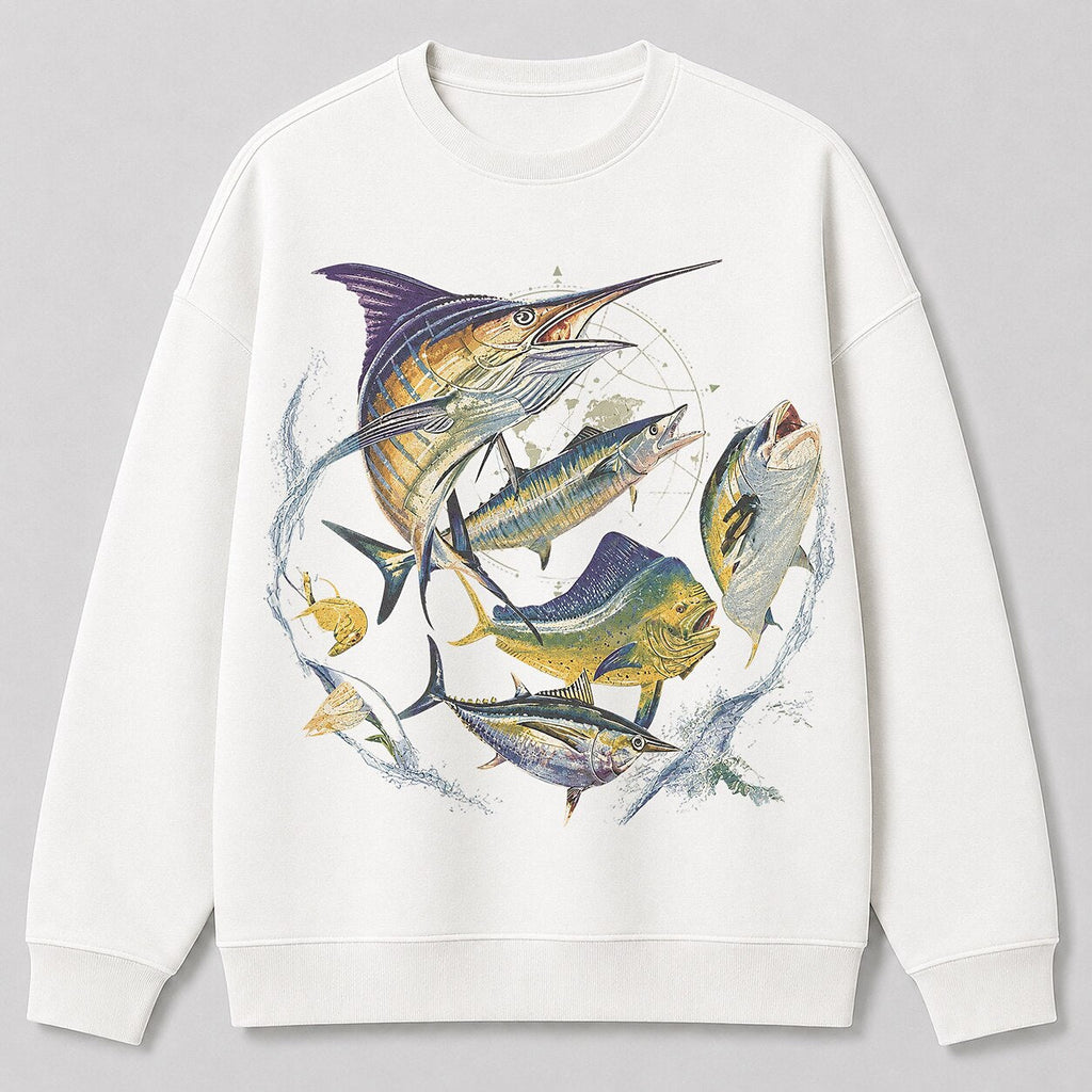 Offshore Game Fish Saltwater Fishing Crewneck Sweatshirt for Men — white front view with printed graphic