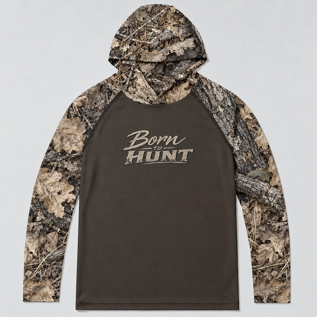 UPF 50+ Born to Hunt Woodland Leaf Camo Sun Hoodie