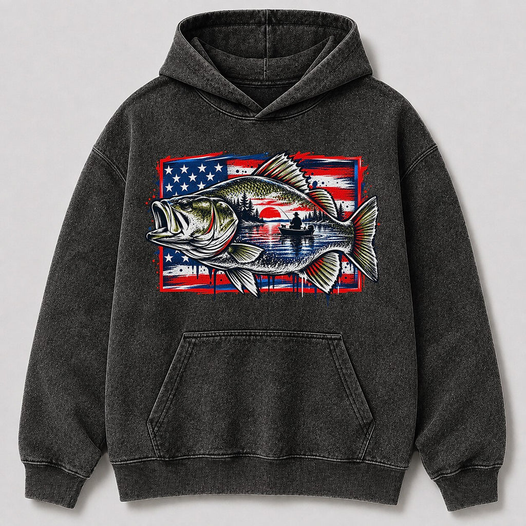 Washed Largemouth Bass American Flag Fishing Hoodie