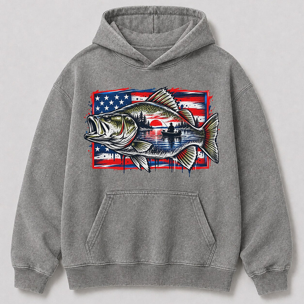 Washed Largemouth Bass American Flag Fishing Hoodie