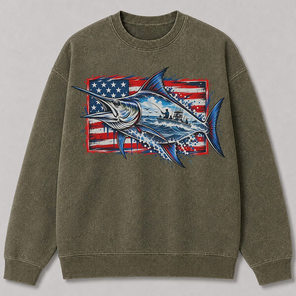 Washed American Flag Marlin Fishing Sweatshirt Graphic