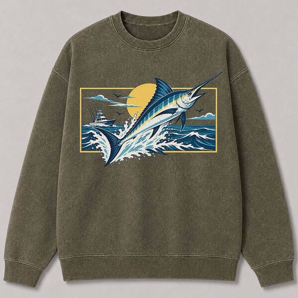 Washed Marlin Sunset Offshore Fishing Sweatshirt Graphic