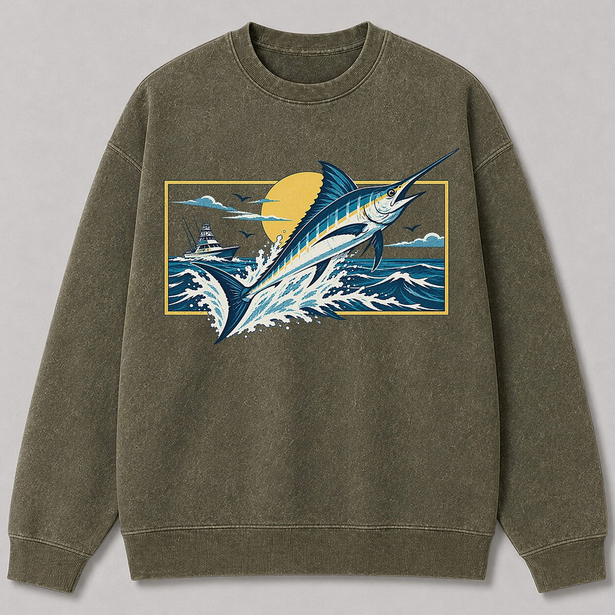 Washed Marlin Sunset Offshore Fishing Sweatshirt Graphic
