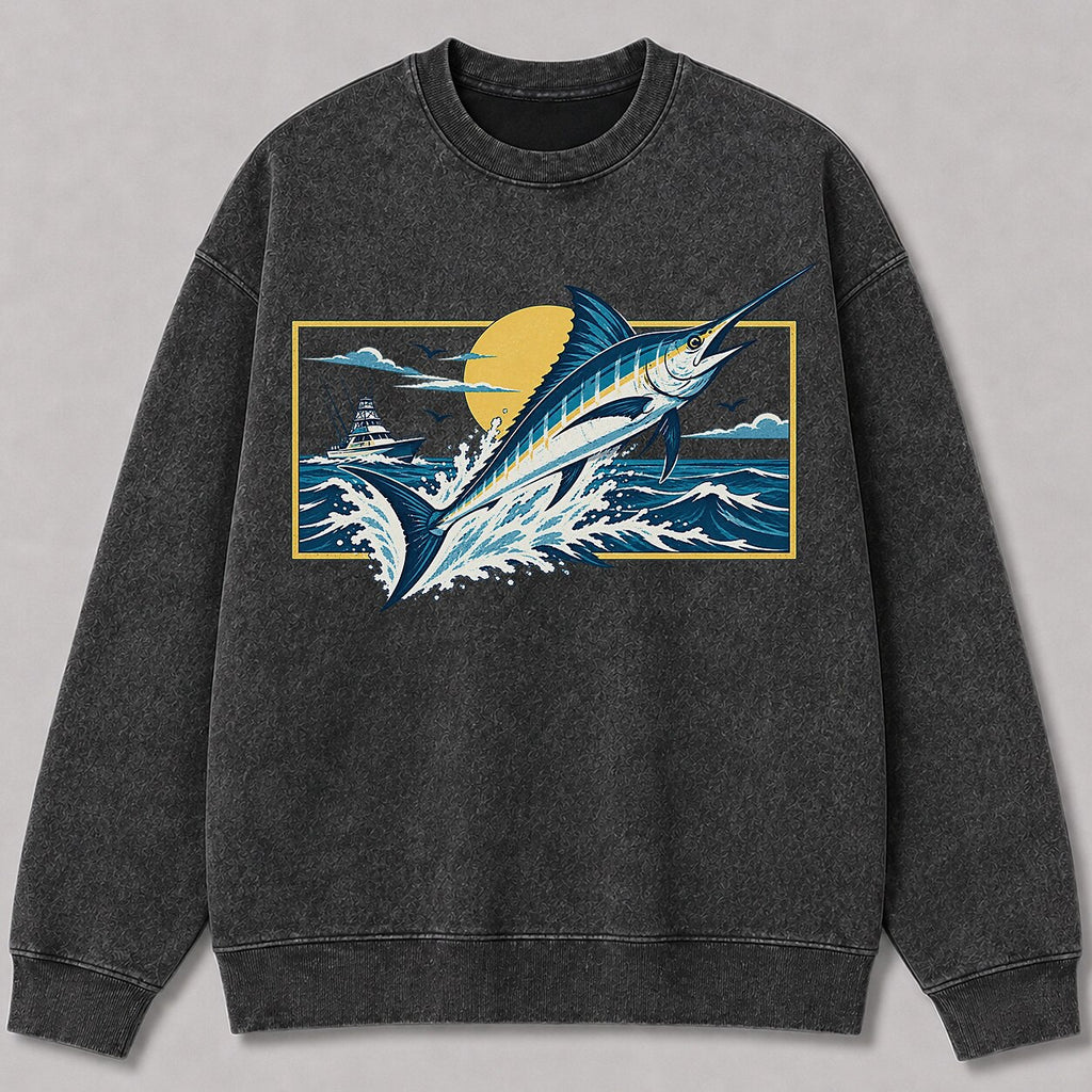 Washed Marlin Sunset Offshore Fishing Sweatshirt Graphic
