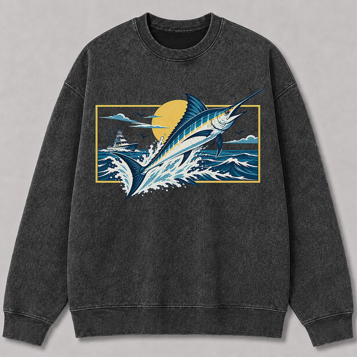 Washed Marlin Sunset Offshore Fishing Sweatshirt Graphic
