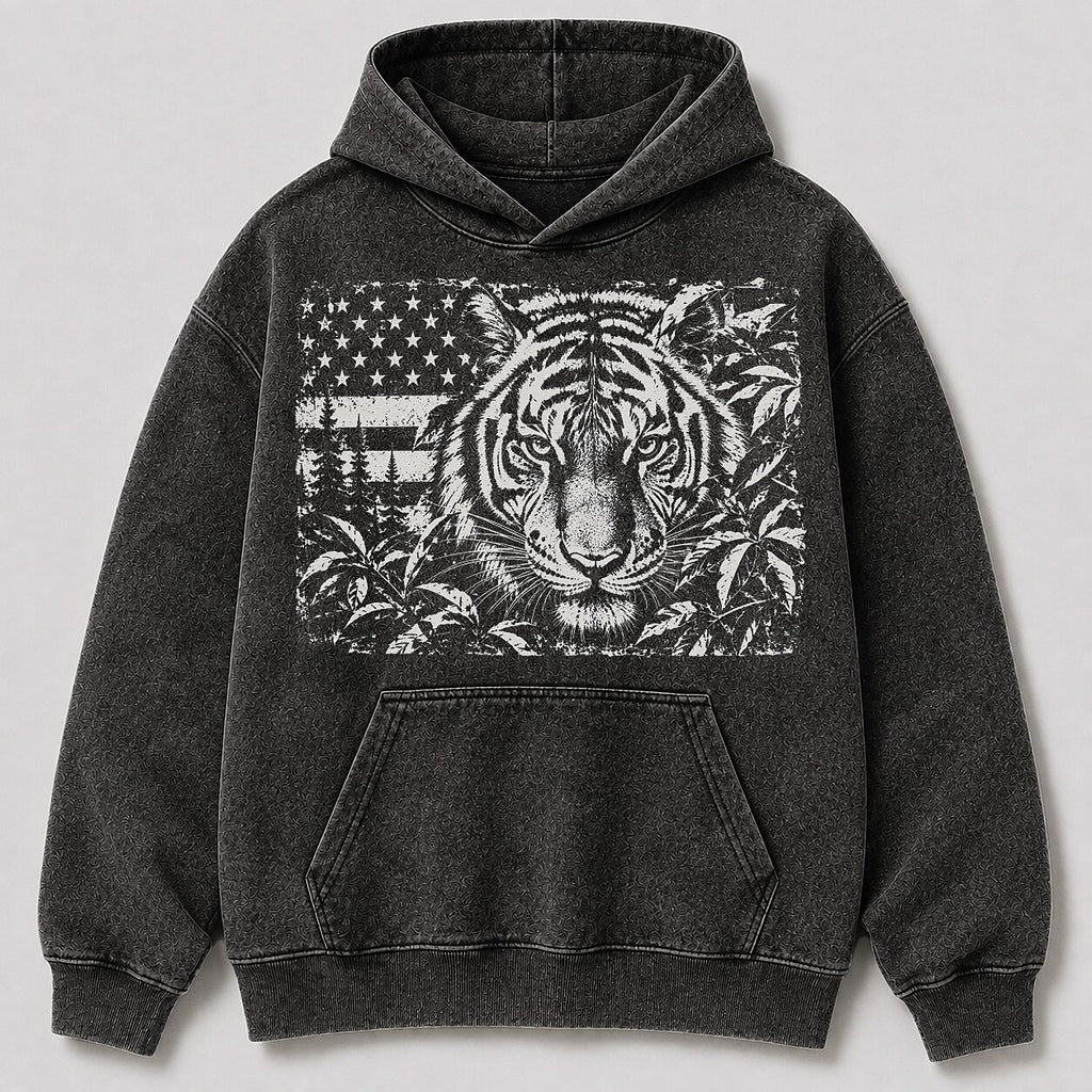 Washed Tiger Jungle Wildlife Hunting Graphic Hoodie