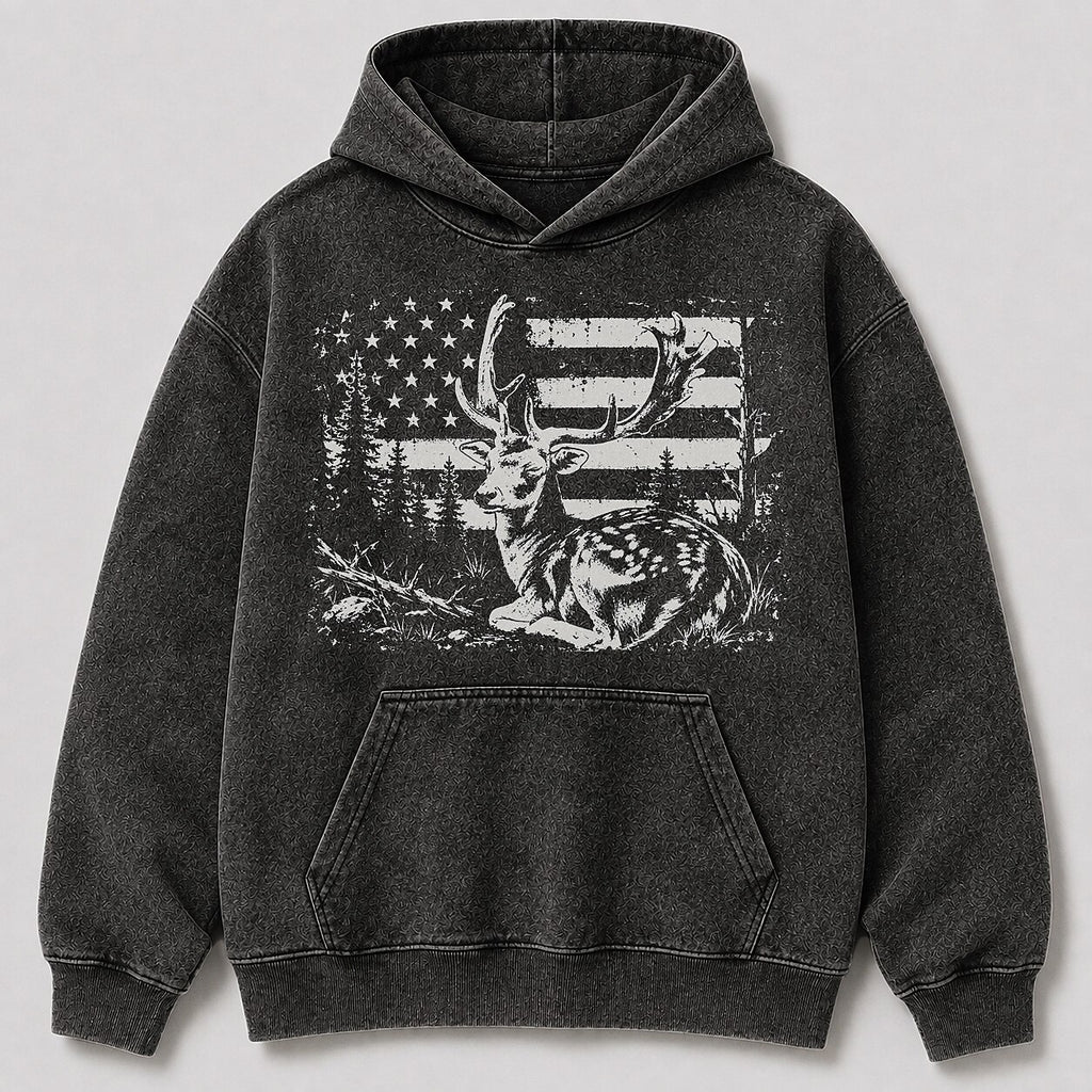 Washed Whitetail Buck American Flag Hunting Hoodie