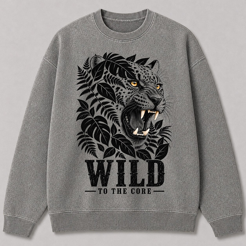 Washed Roaring Leopard Jungle Wildlife Graphic Sweatshirt