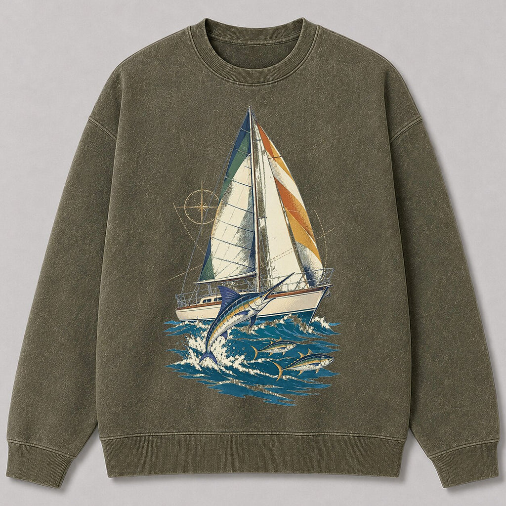 Washed Sailboat Marlin Tuna Coastal Fishing Graphic Sweatshirt