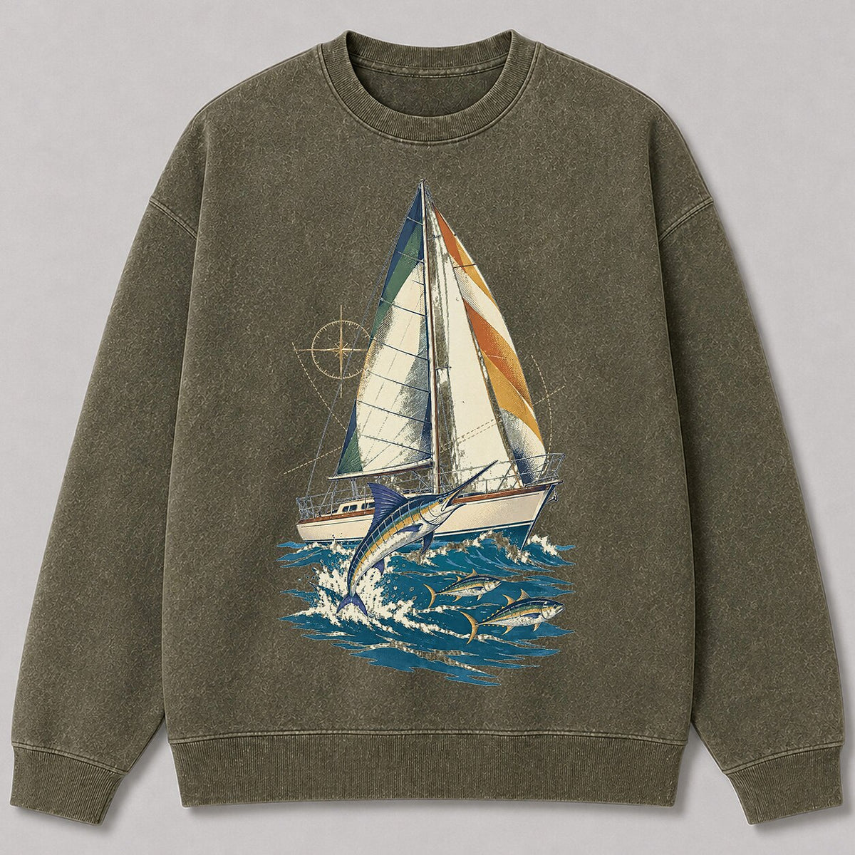 Washed Sailboat Marlin Tuna Coastal Fishing Graphic Sweatshirt