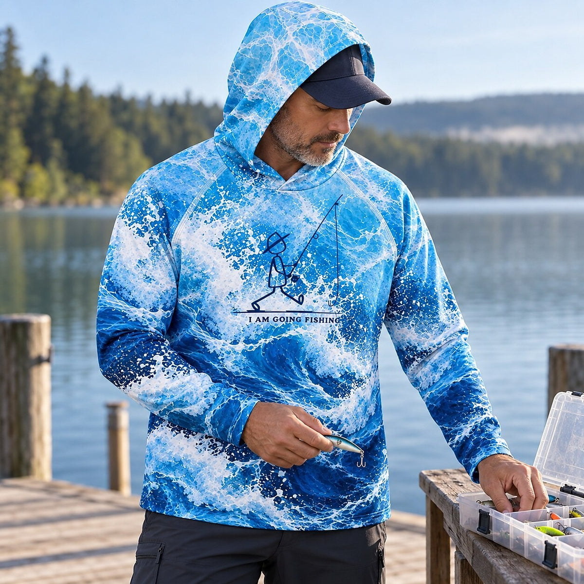 UPF 50+ Ocean Wave Fishing Graphic Sun Hoodie