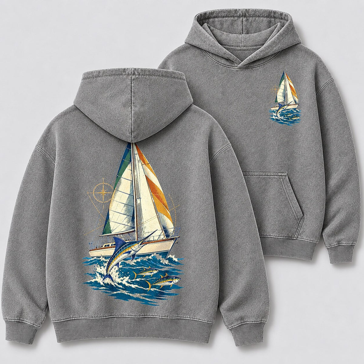 Washed Sailboat Marlin Coastal Fishing Hoodie Graphic