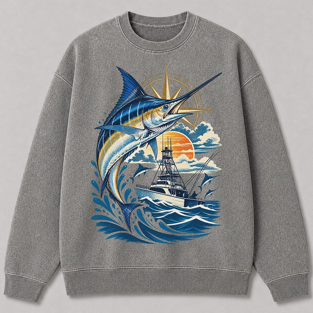 Washed Sunset Marlin Offshore Sportfishing Boat Sweatshirt
