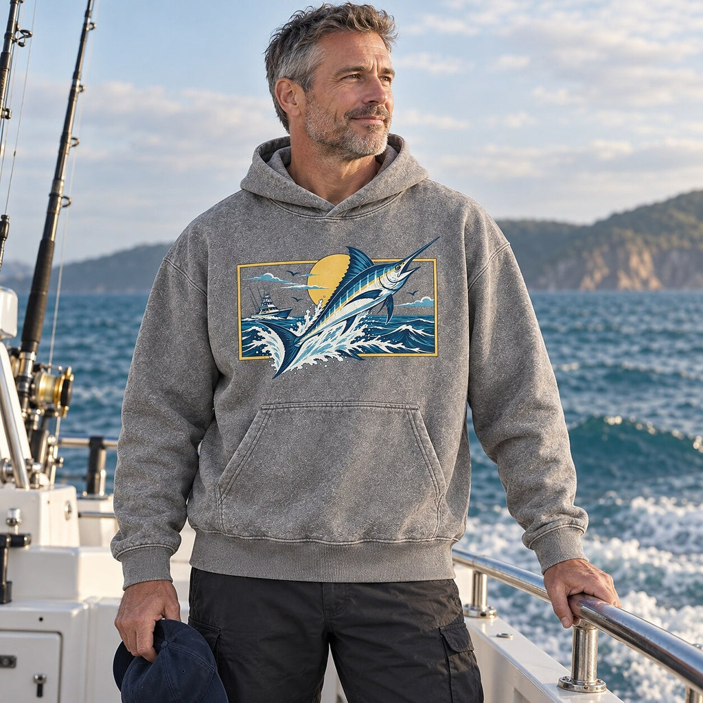 Washed Marlin Offshore Fishing Boat Graphic Hoodie