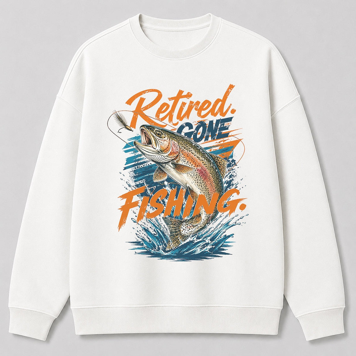 Rainbow Trout Fishing Crewneck Sweatshirt for Men — black front view with printed graphic