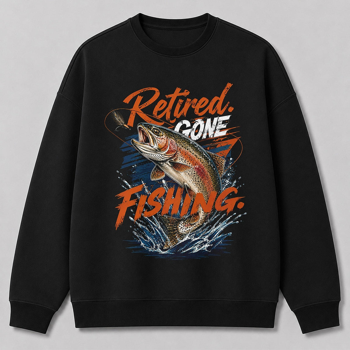 Rainbow Trout Fishing Crewneck Sweatshirt for Men — navy front view with printed graphic
