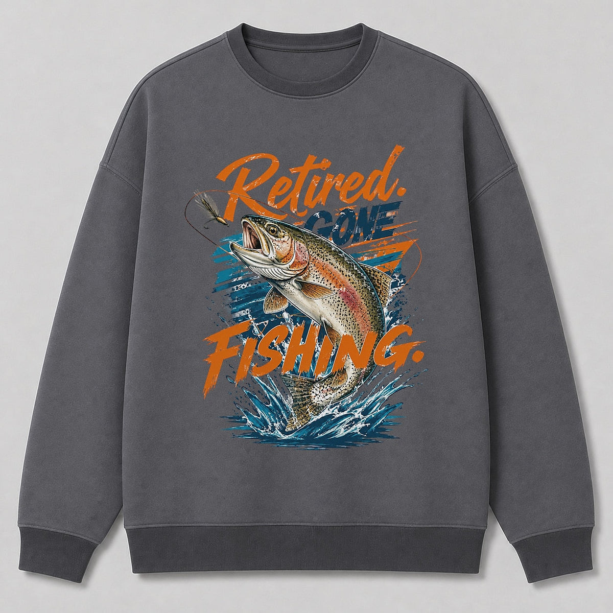 Rainbow Trout Fishing Crewneck Sweatshirt for Men — white front view with printed graphic