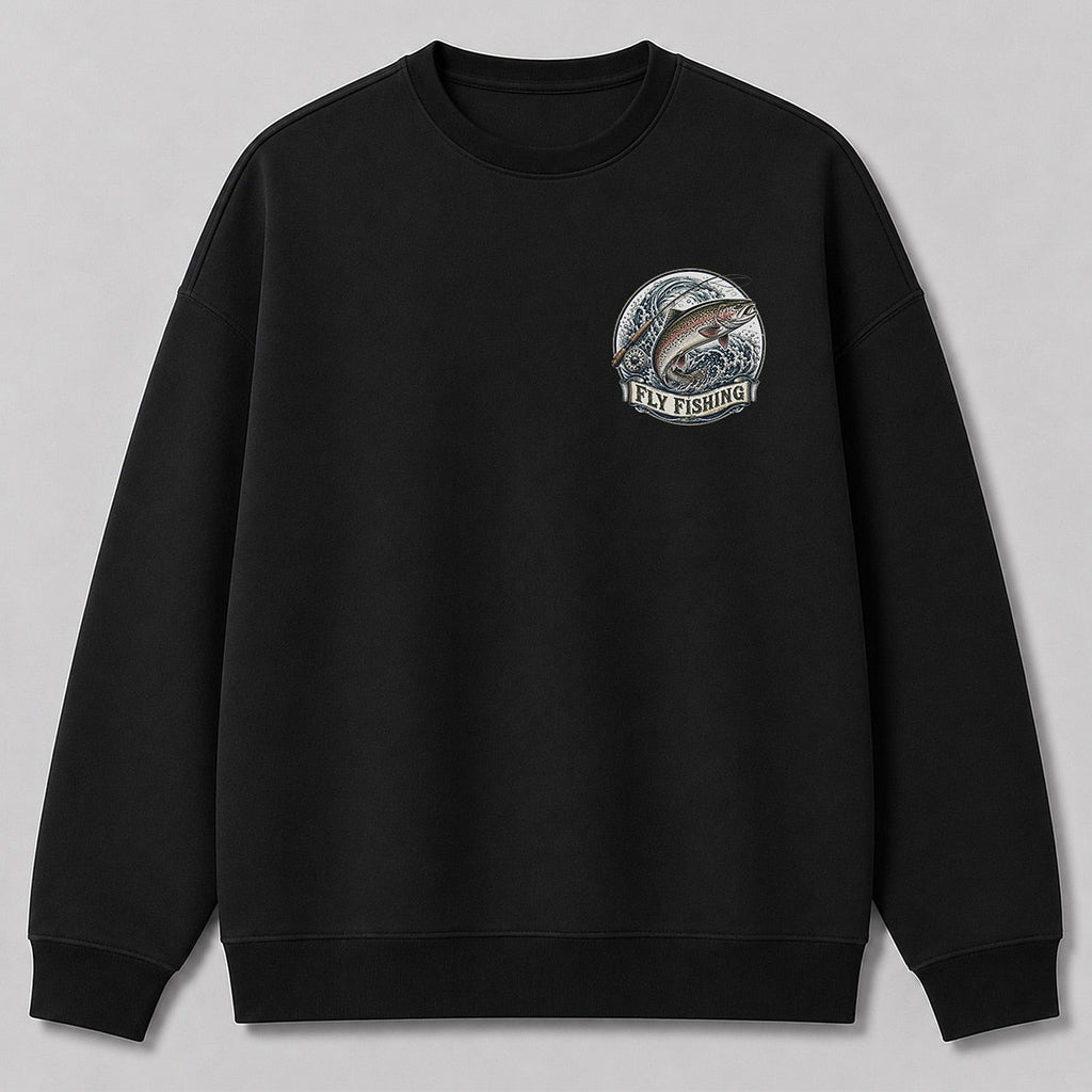 Rainbow Trout Fly Fishing Crewneck Sweatshirt for Men — black front view with chest graphic