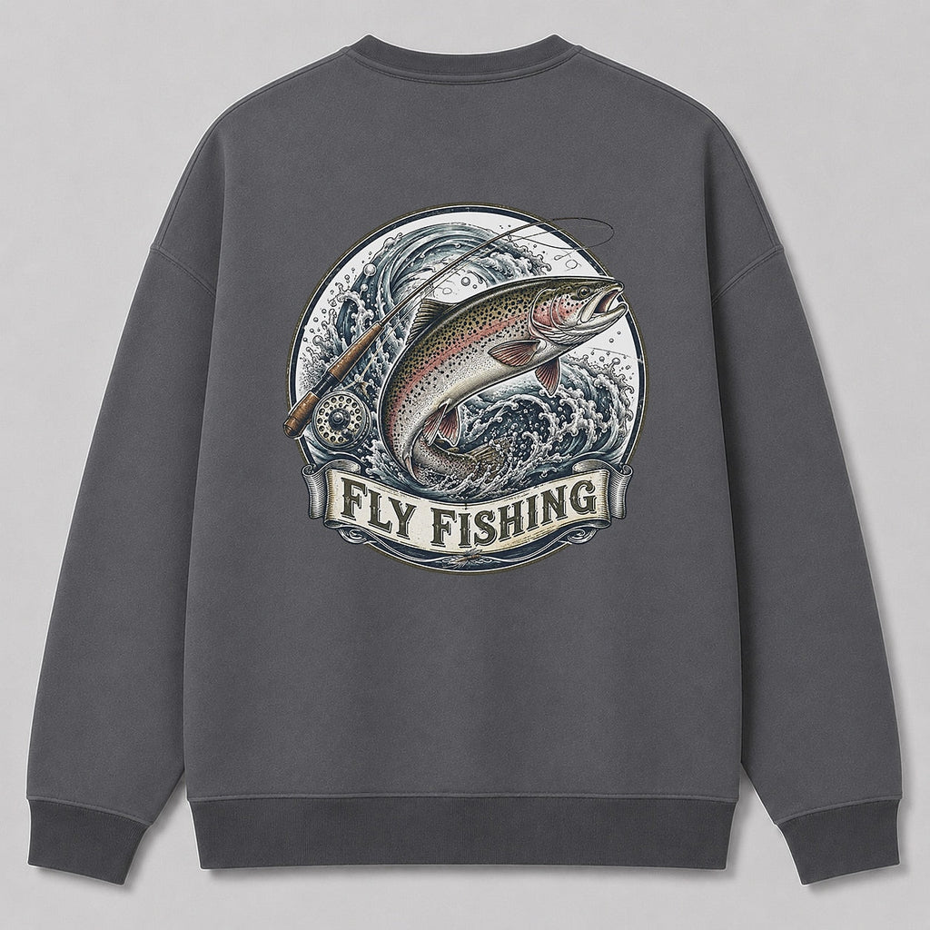 Rainbow Trout Fly Fishing Crewneck Sweatshirt for Men — charcoal back view with large graphic