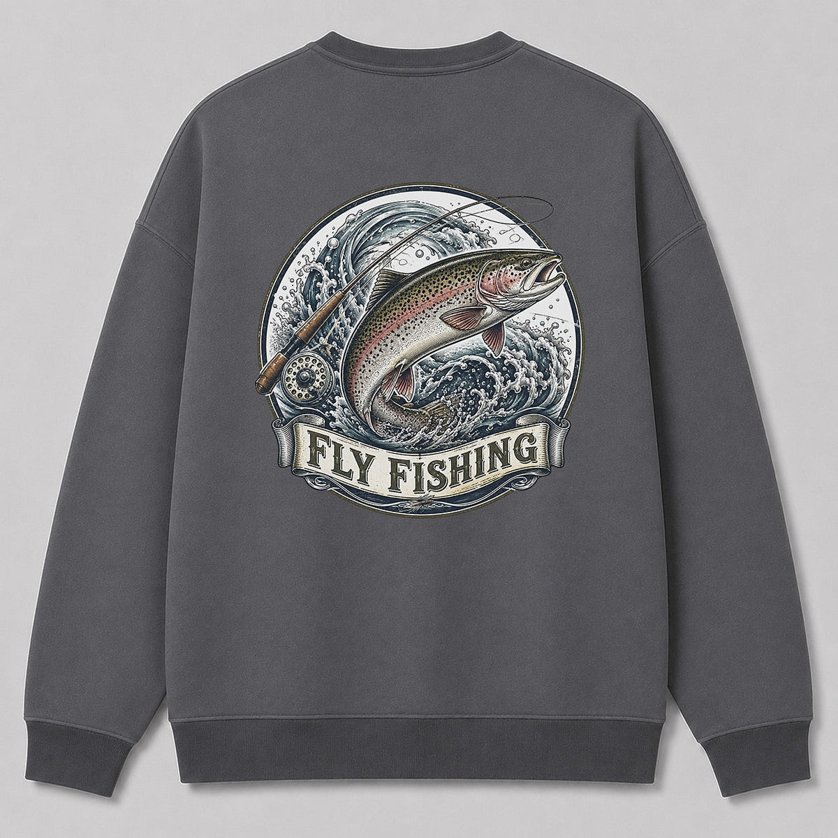 Rainbow Trout Fly Fishing Crewneck Sweatshirt for Men — charcoal back view with large graphic