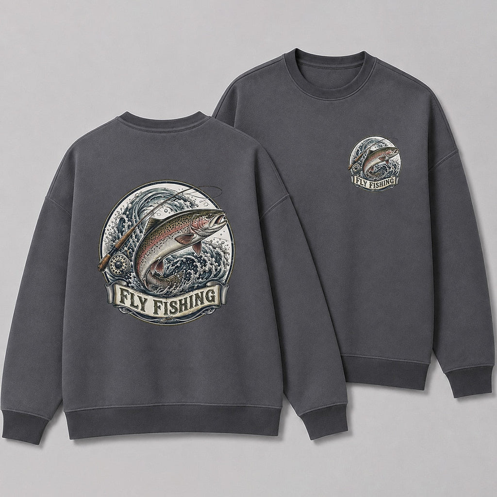 Rainbow Trout Fly Fishing Crewneck Sweatshirt for Men — charcoal front-and-back design view