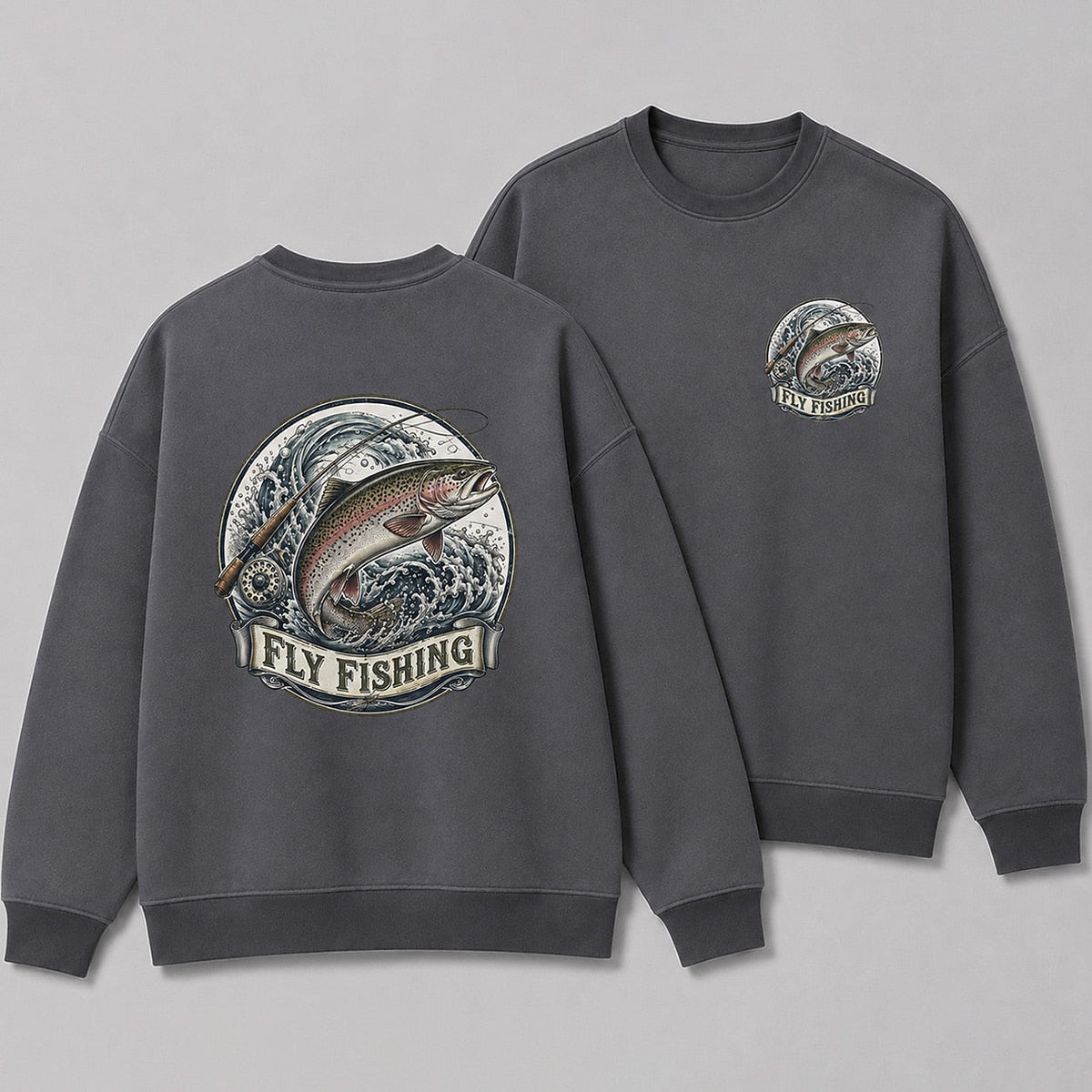 Rainbow Trout Fly Fishing Crewneck Sweatshirt for Men — charcoal front-and-back design view