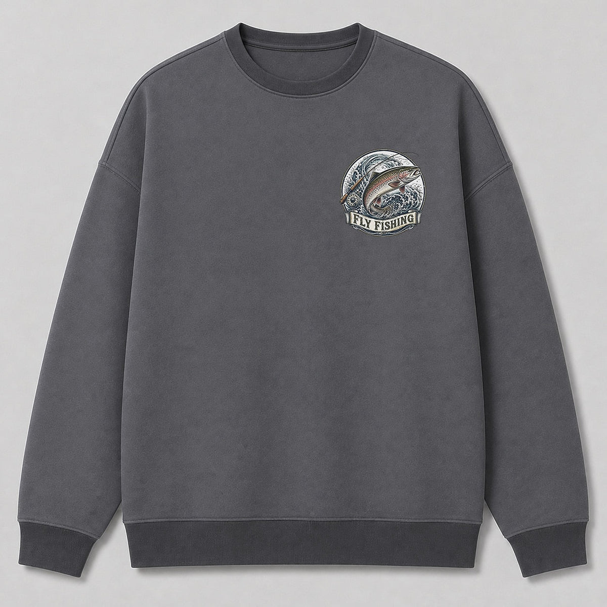 Rainbow Trout Fly Fishing Crewneck Sweatshirt for Men — charcoal front view with chest graphic