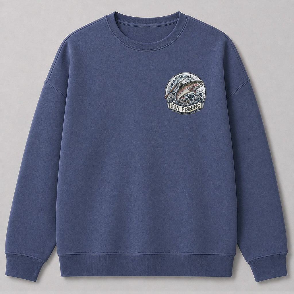 Rainbow Trout Fly Fishing Crewneck Sweatshirt for Men — navy front view with chest graphic