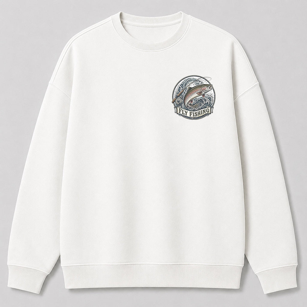Rainbow Trout Fly Fishing Crewneck Sweatshirt for Men — white front view with chest graphic