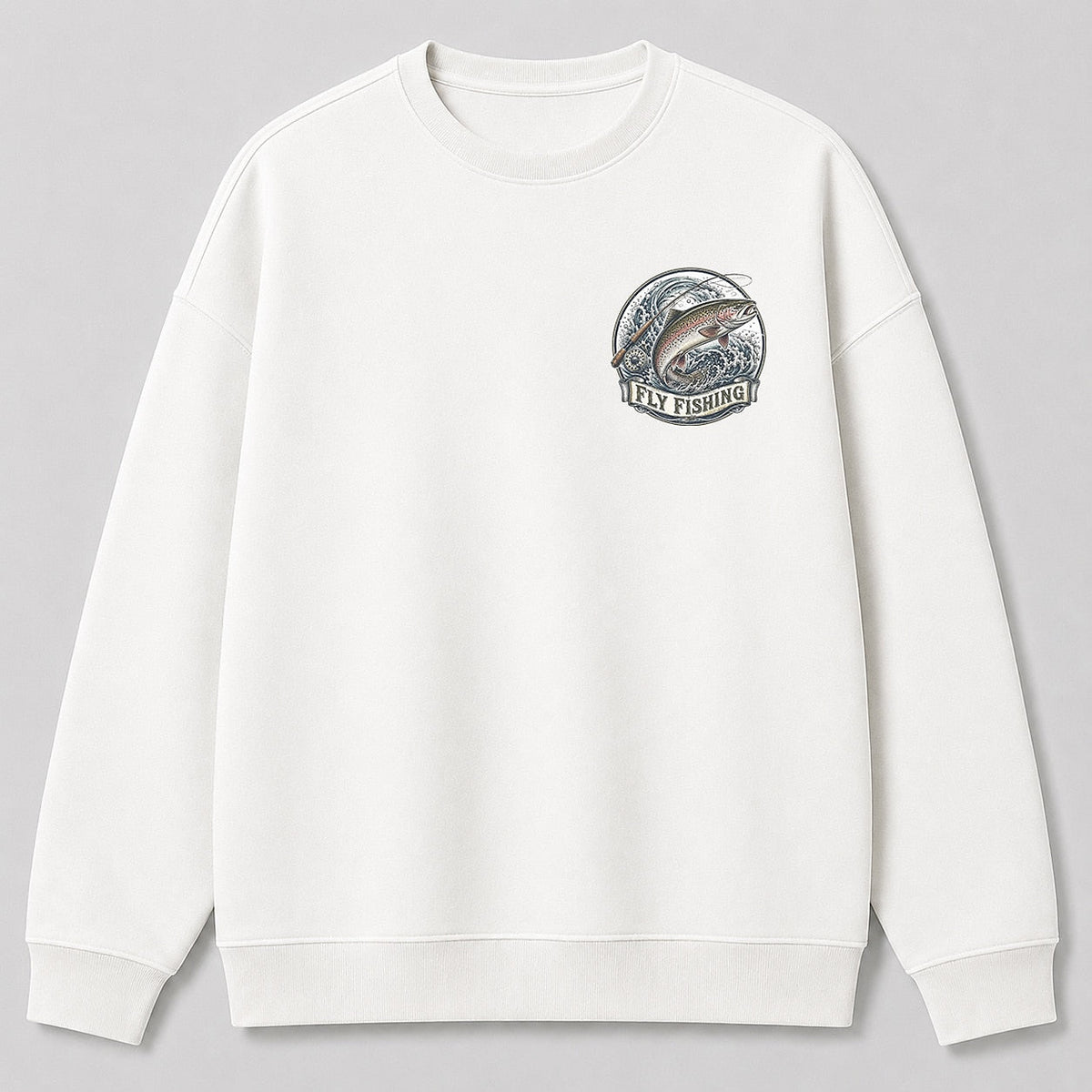 Rainbow Trout Fly Fishing Crewneck Sweatshirt for Men — white front view with chest graphic