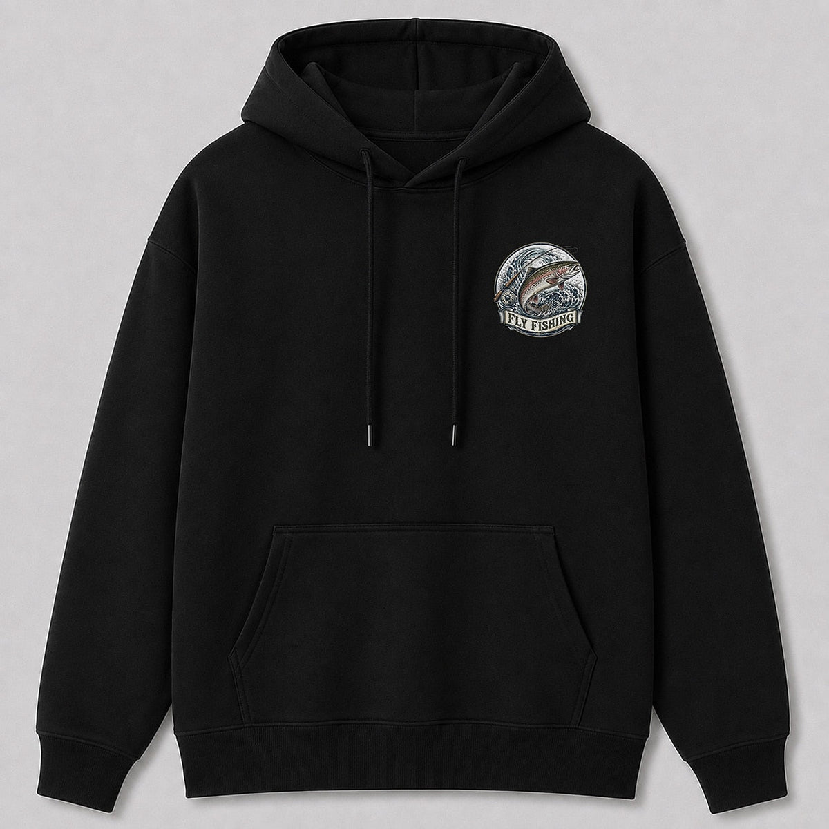 Rainbow Trout Fly Fishing Hoodie for Men — black front view with chest graphic
