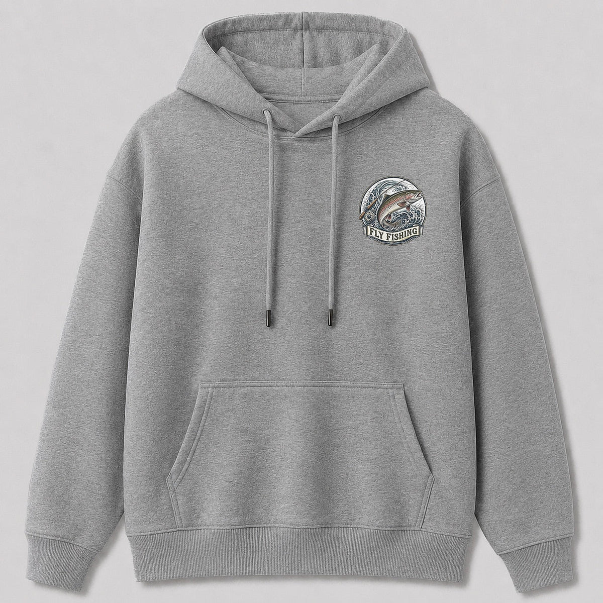 Rainbow Trout Fly Fishing Hoodie for Men — gray front view with chest graphic