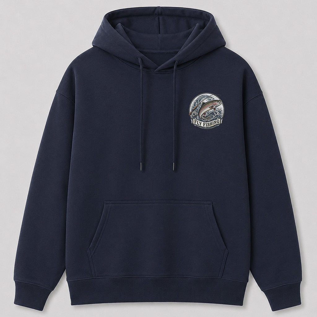 Rainbow Trout Fly Fishing Hoodie for Men — navy front view with chest graphic