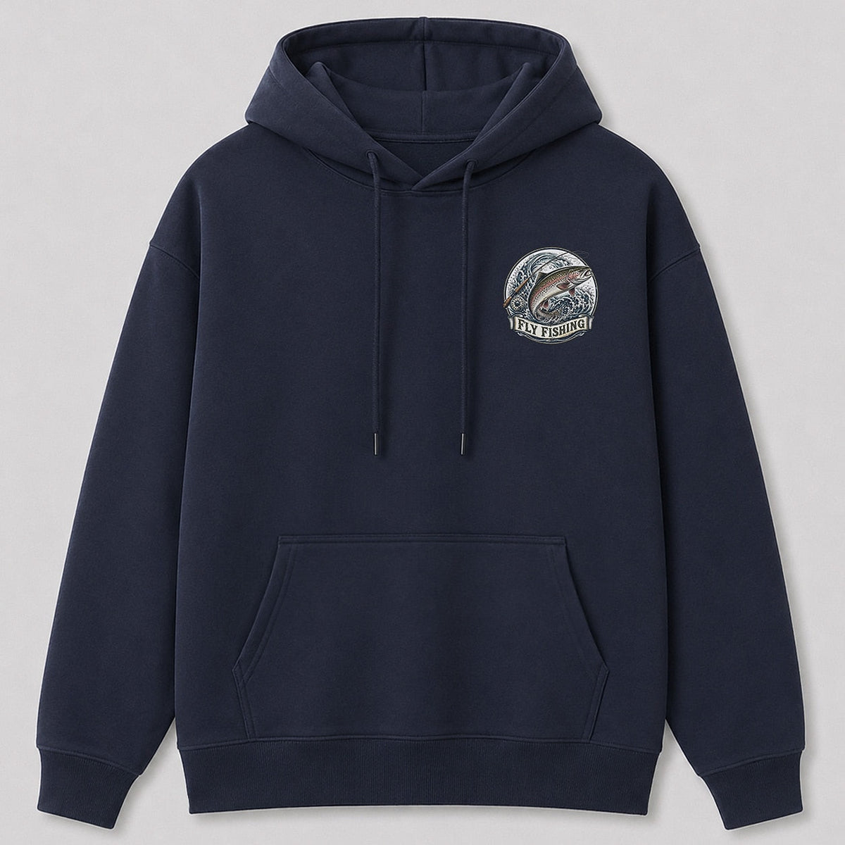 Rainbow Trout Fly Fishing Hoodie for Men — navy front view with chest graphic