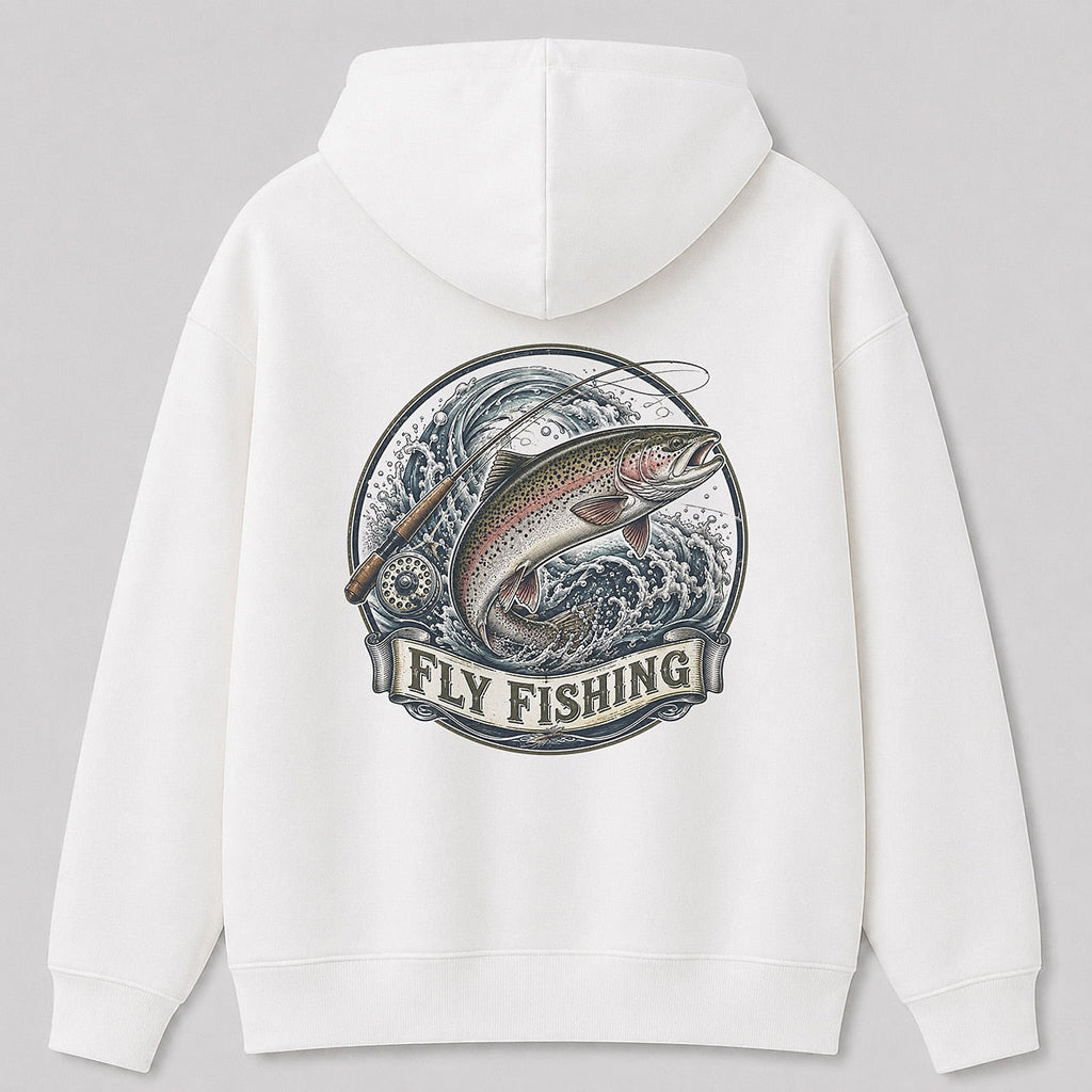 Rainbow Trout Fly Fishing Hoodie for Men — white back view with large graphic