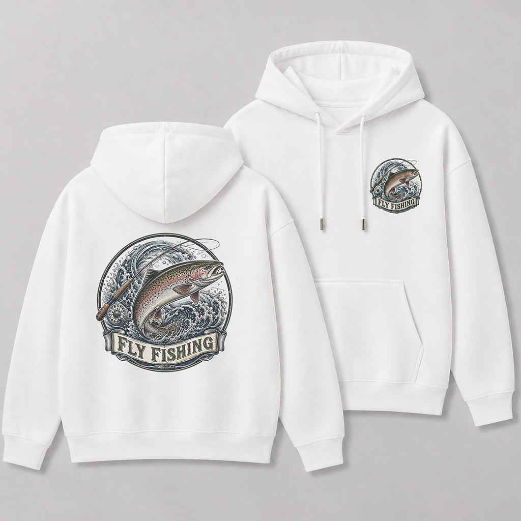 Rainbow Trout Fly Fishing Hoodie for Men — white front-and-back design view
