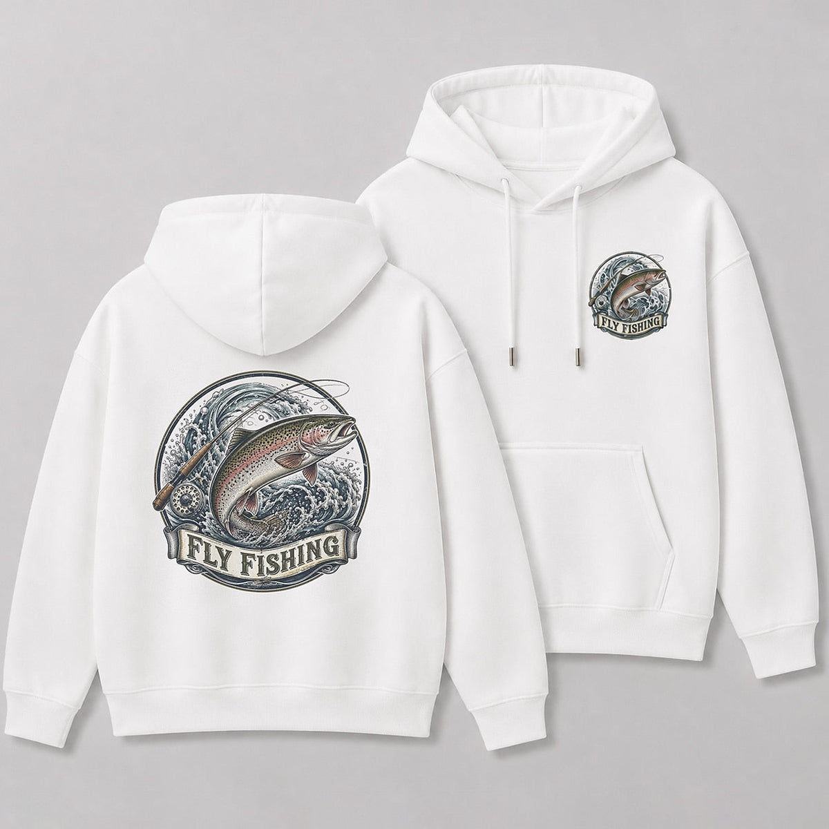 Rainbow Trout Fly Fishing Hoodie for Men — white front-and-back design view