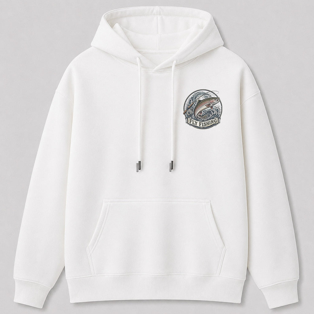 Rainbow Trout Fly Fishing Hoodie for Men — white front view with chest graphic