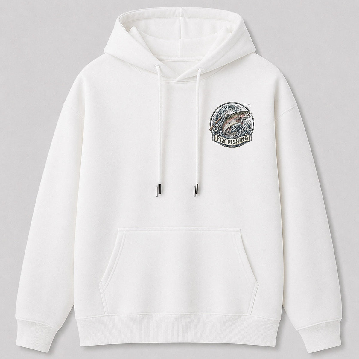 Rainbow Trout Fly Fishing Hoodie for Men — white front view with chest graphic