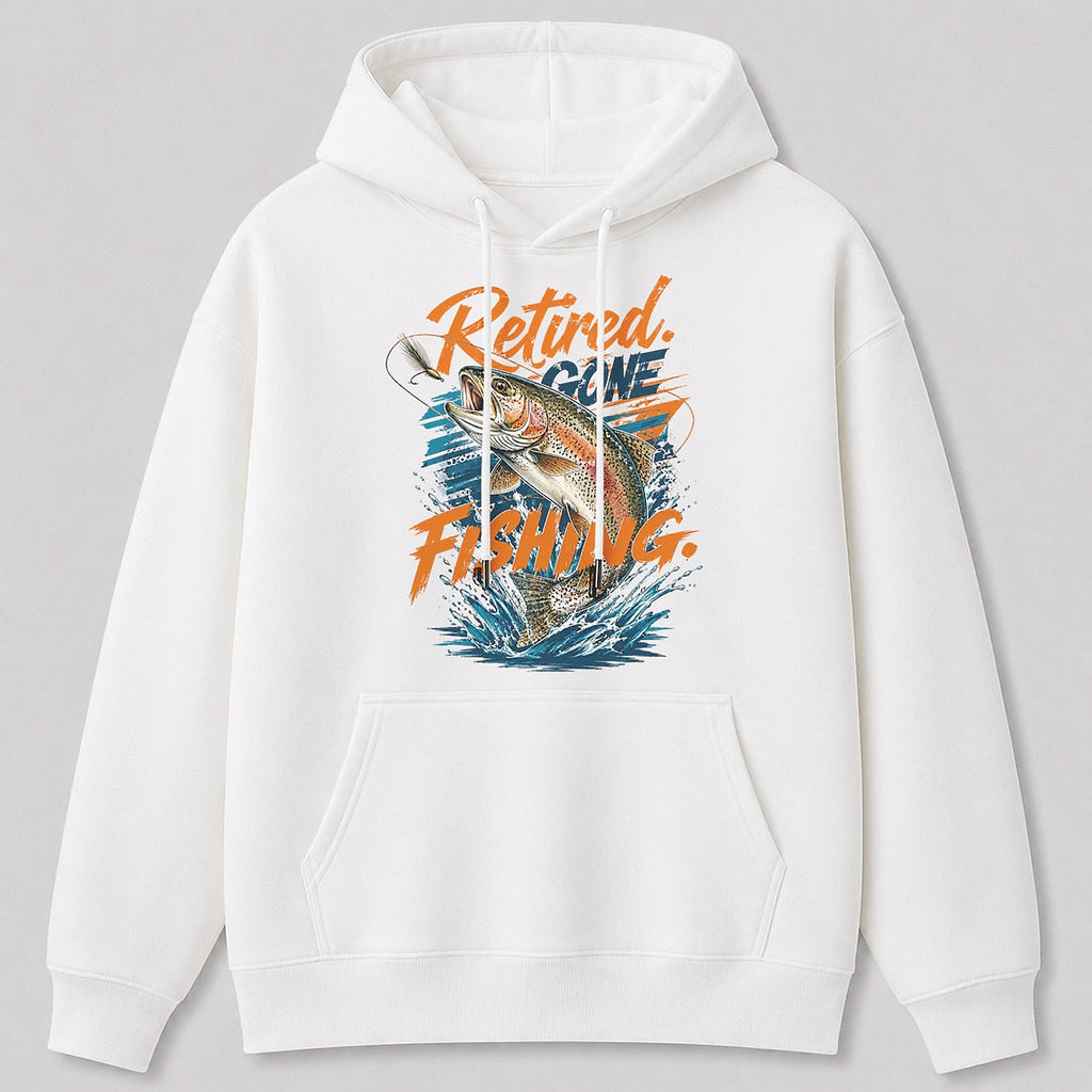 Rainbow Trout River Fishing Hoodie for Men — close-up of fabric, cuff, and pocket stitching